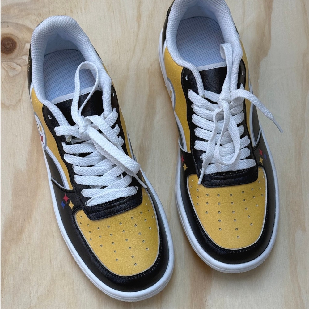Pittsburgh Steelers Custom NFL Fan Sneakers Black Gold Low Top Shoes Mens Size 7 - Picture 2 of 5